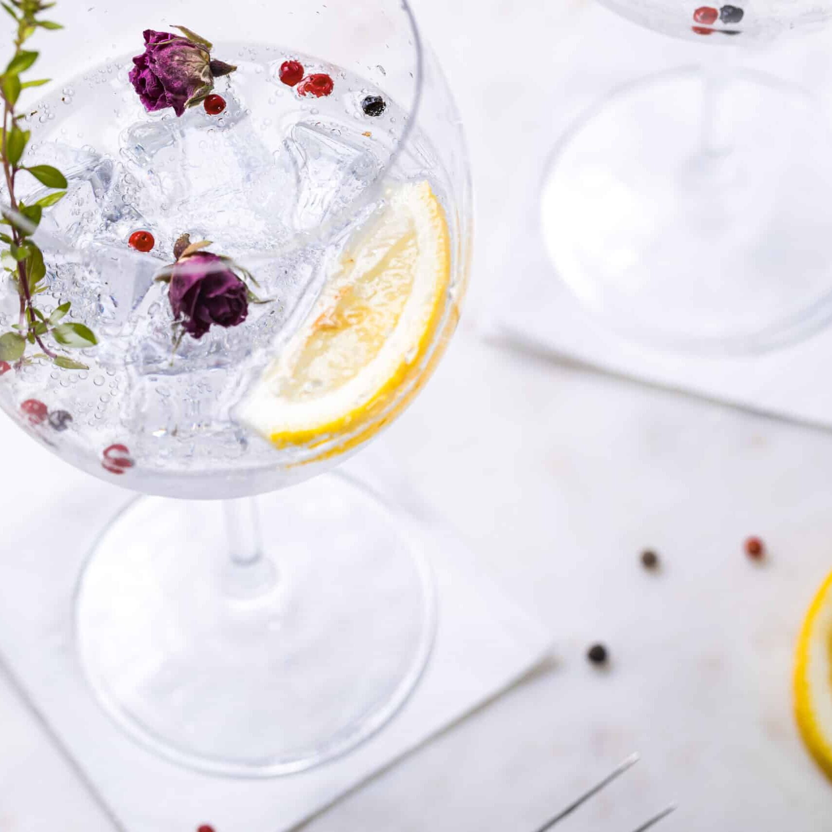 Gin and tonic cocktail with red pepper, lemon and rose buds in gin glasses, in white and bright environment. Perfect summer cocktail drink.